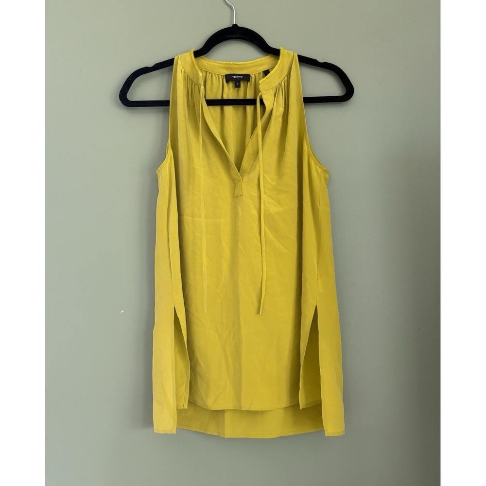 Theory Yellow Silk Chiffon V-Neck Tie Neck Sleeveless Lightweight Blouse S